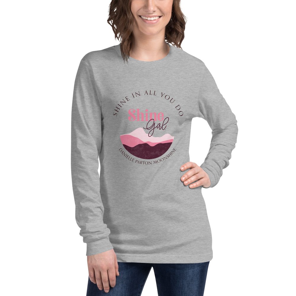 Shine Girl unisex long sleeve tee in athletic heather with mountain artwork