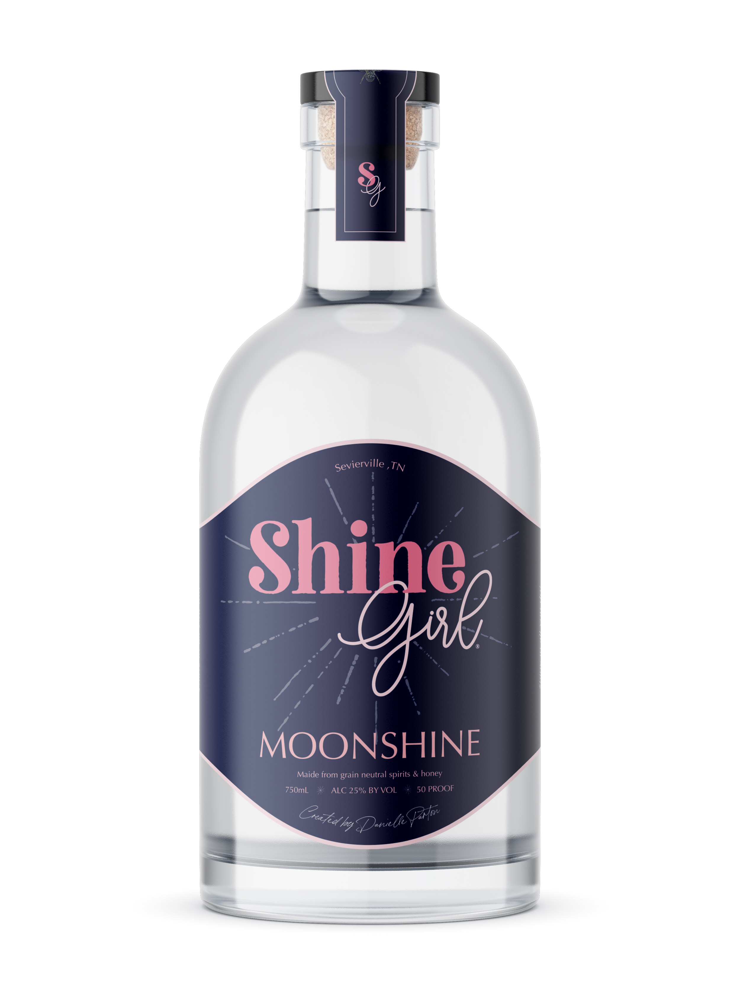 Shine Girl moonshine bottle with navy label